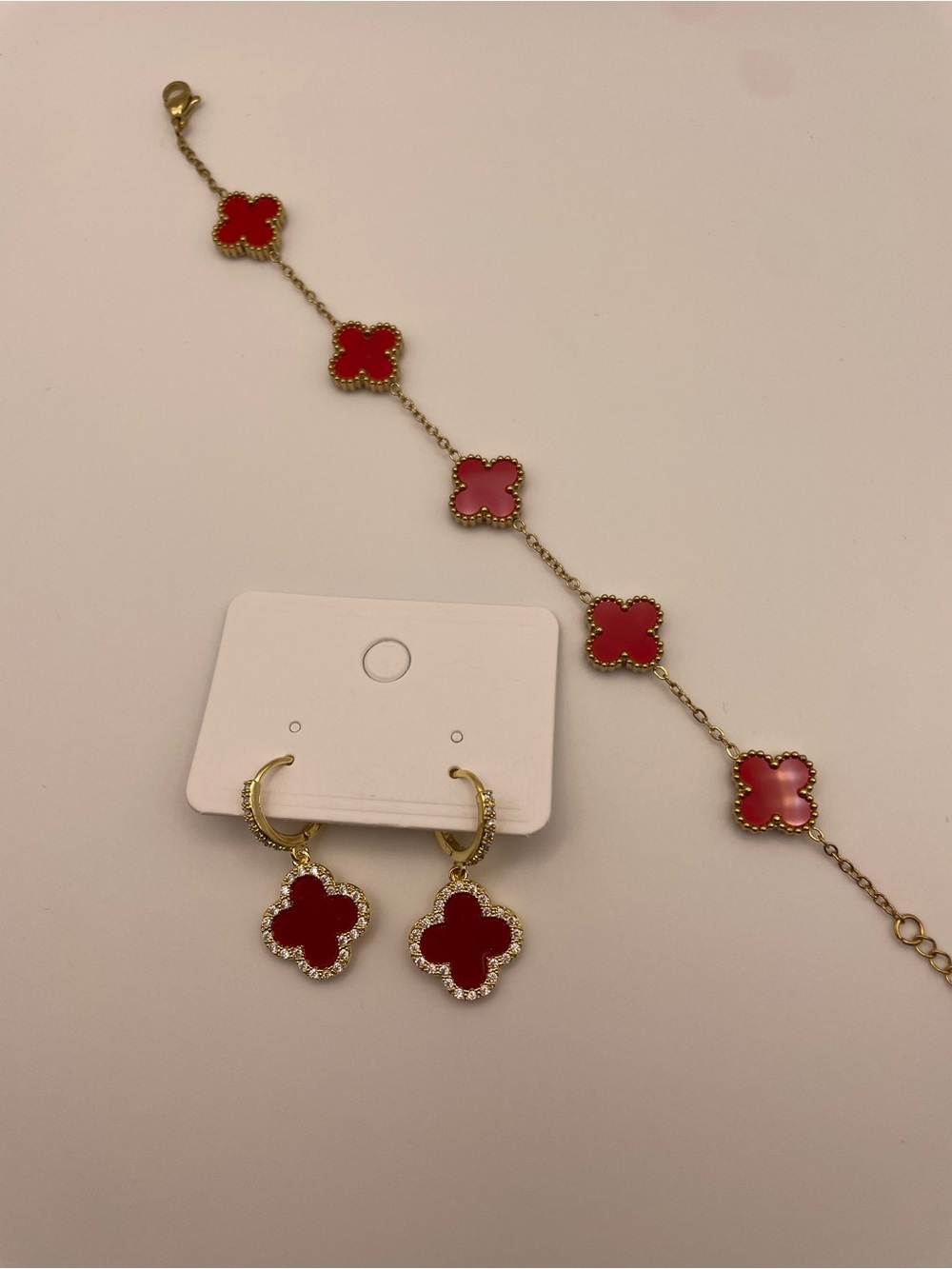 Gold-Tone Red Clover Bracelet and Hoop Earrings Set